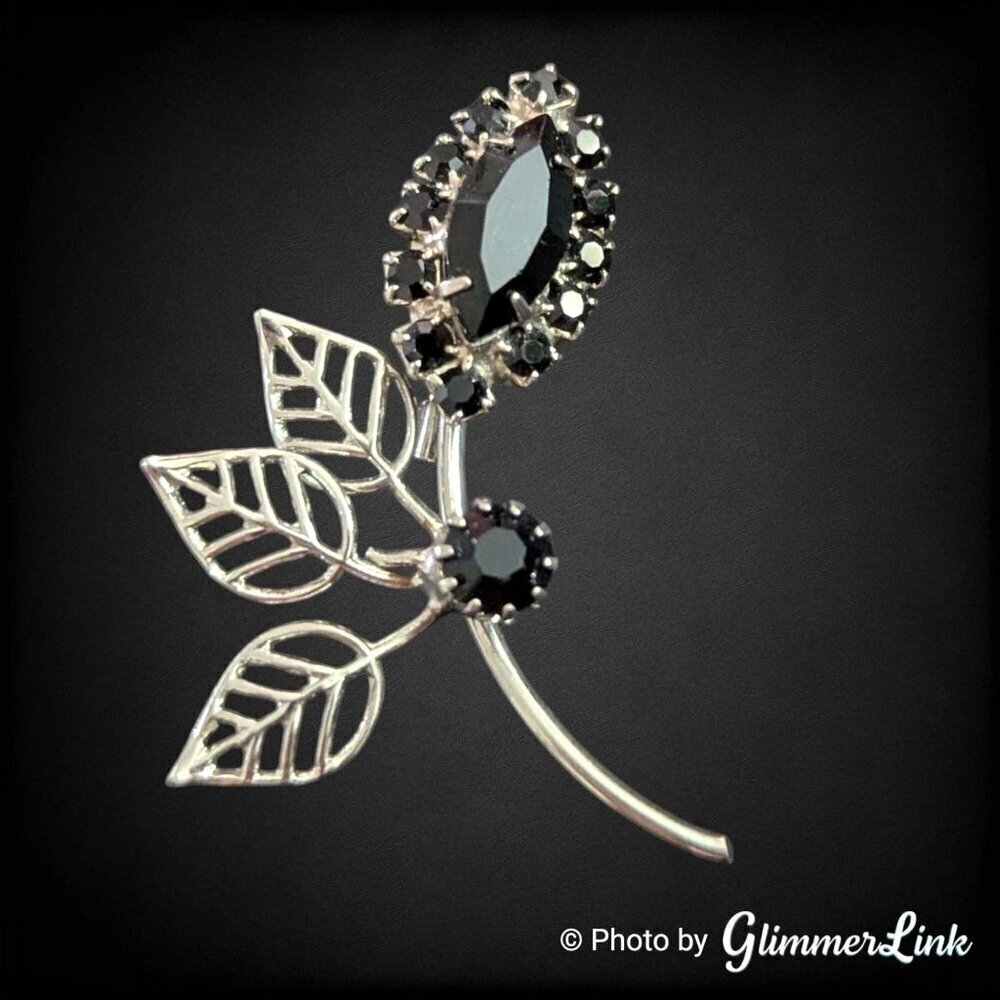 Vintage Floral Black Rhinestone Filigree Leaf Silver Tone Brooch AS IS
